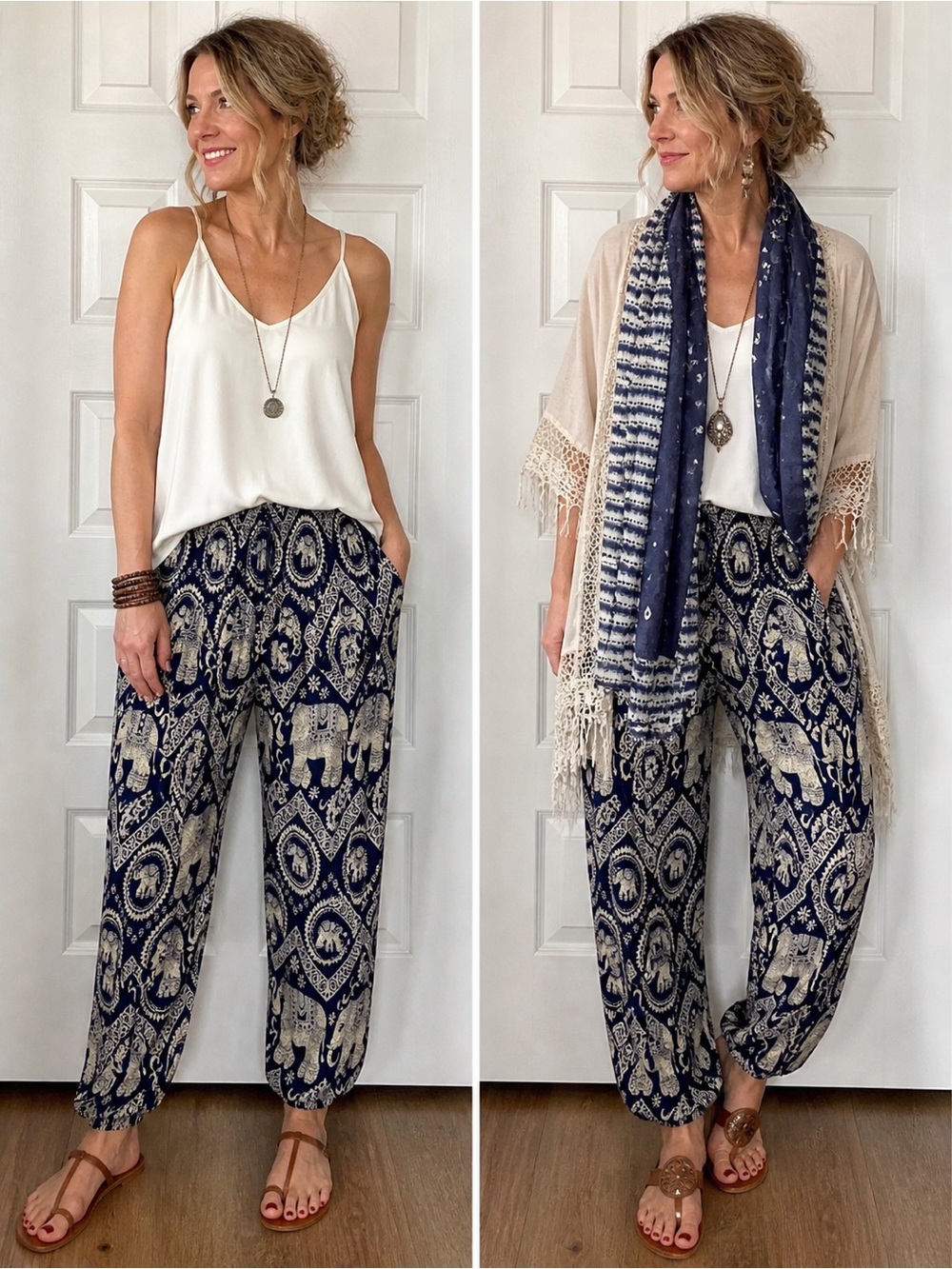Navy Elephant Print Relaxed Harem Joggers with Reversible Scarf
